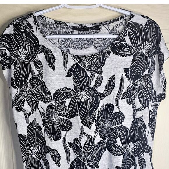 Tahari 100% Linen Floral Blouse-Short Sleeve, Black & White Casual Summer Top, L - Picture 3 of 5